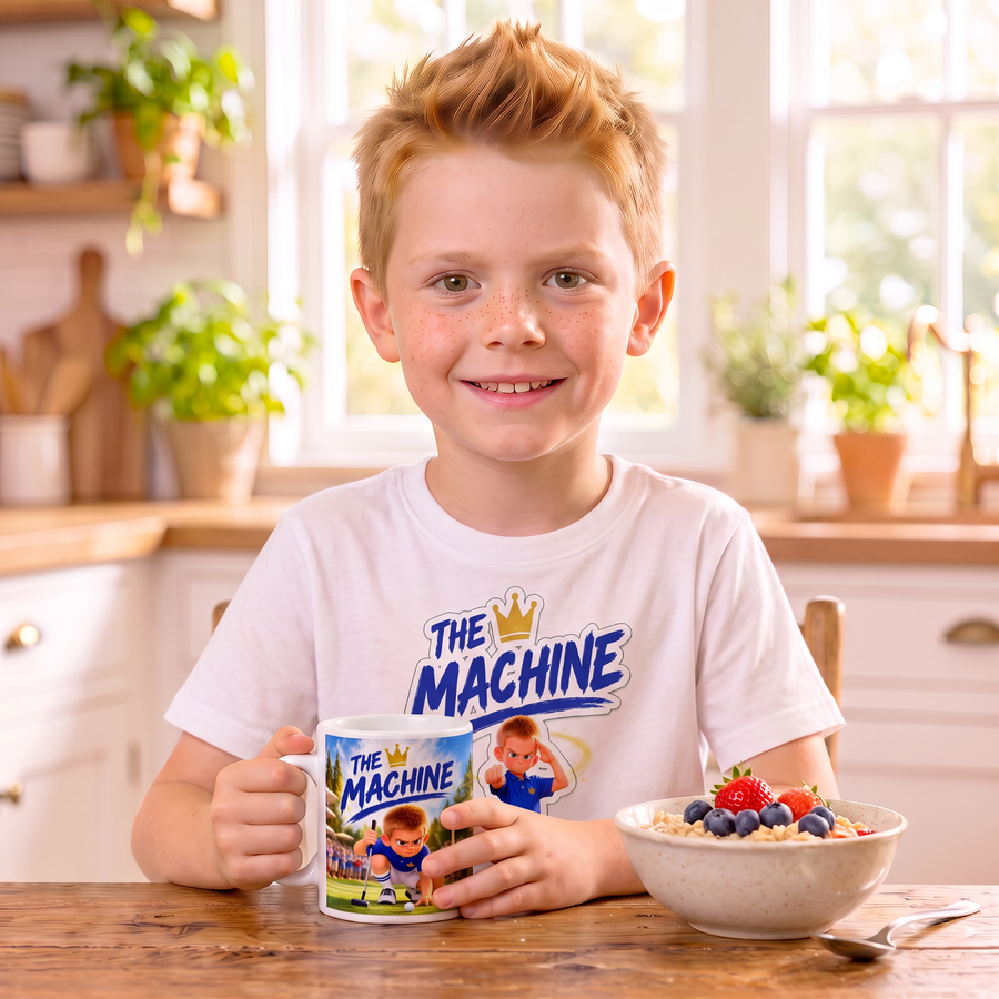 Kid at breakfast with The Machine T-shirt and mug