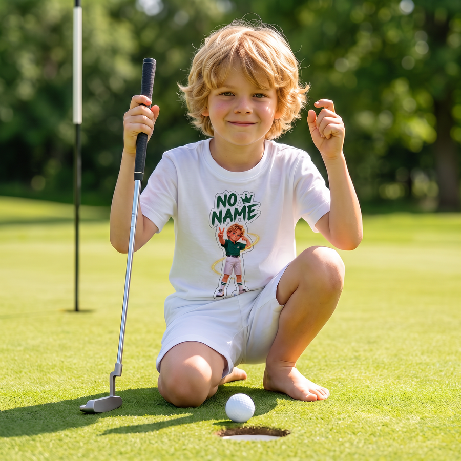 Kid on the golf course in the No Name T-shirt