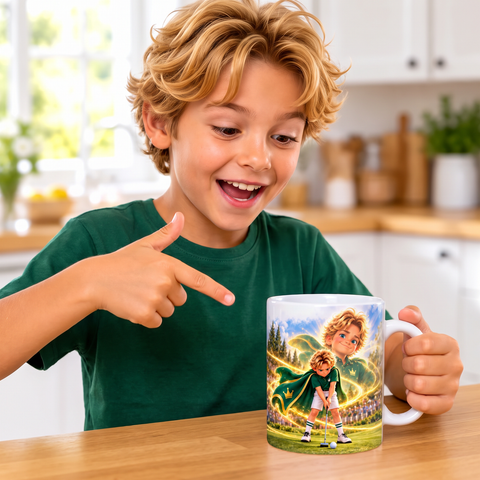 Niño señalando la taza El Innombrable en la cocina