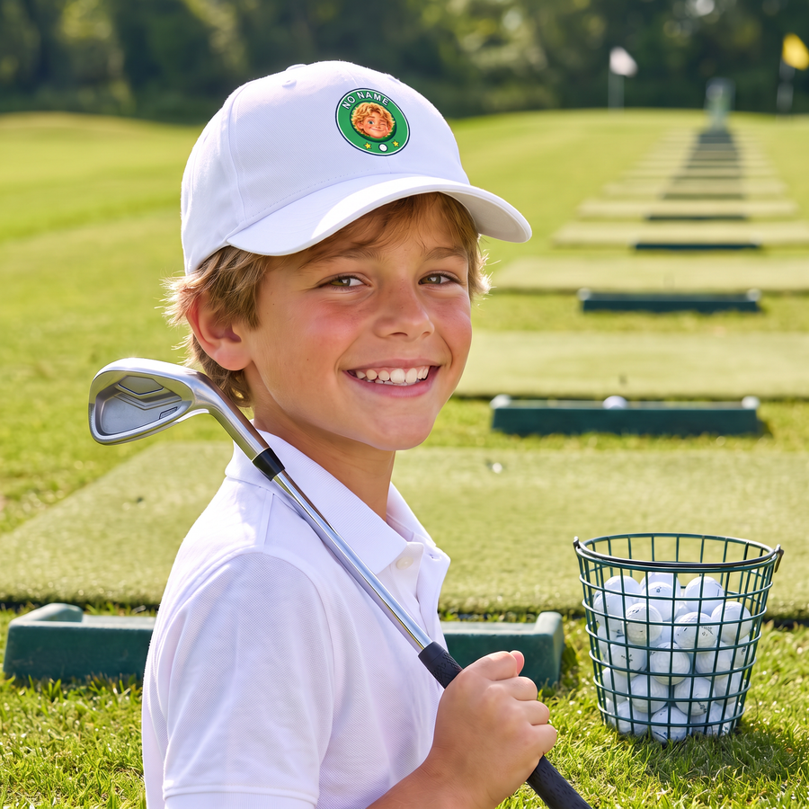 Kid at the driving range in the No Name cap
