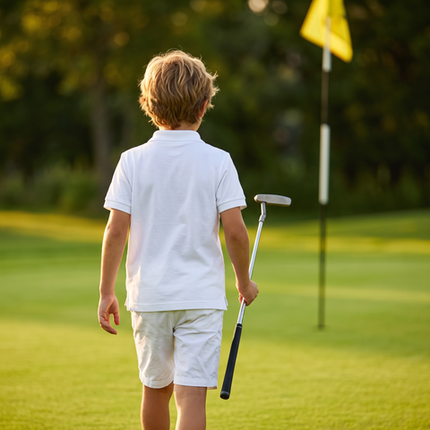 Kid walking to the flag in the Super Golfers polo