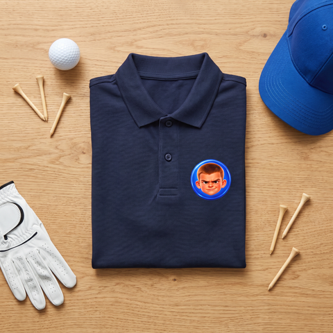 The Machine polo folded with golf ball, tees and glove
