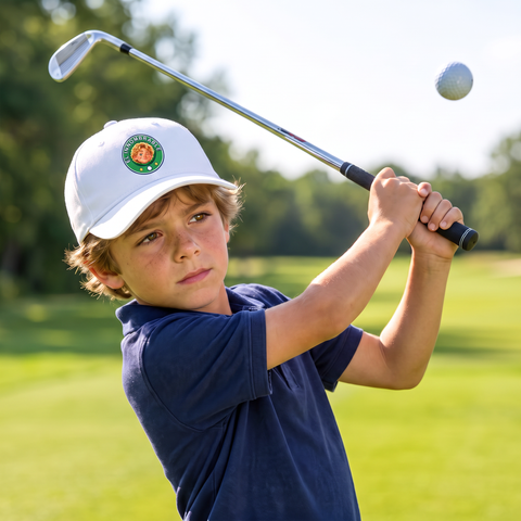 Niño haciendo un swing con la gorra de Supergolfistas