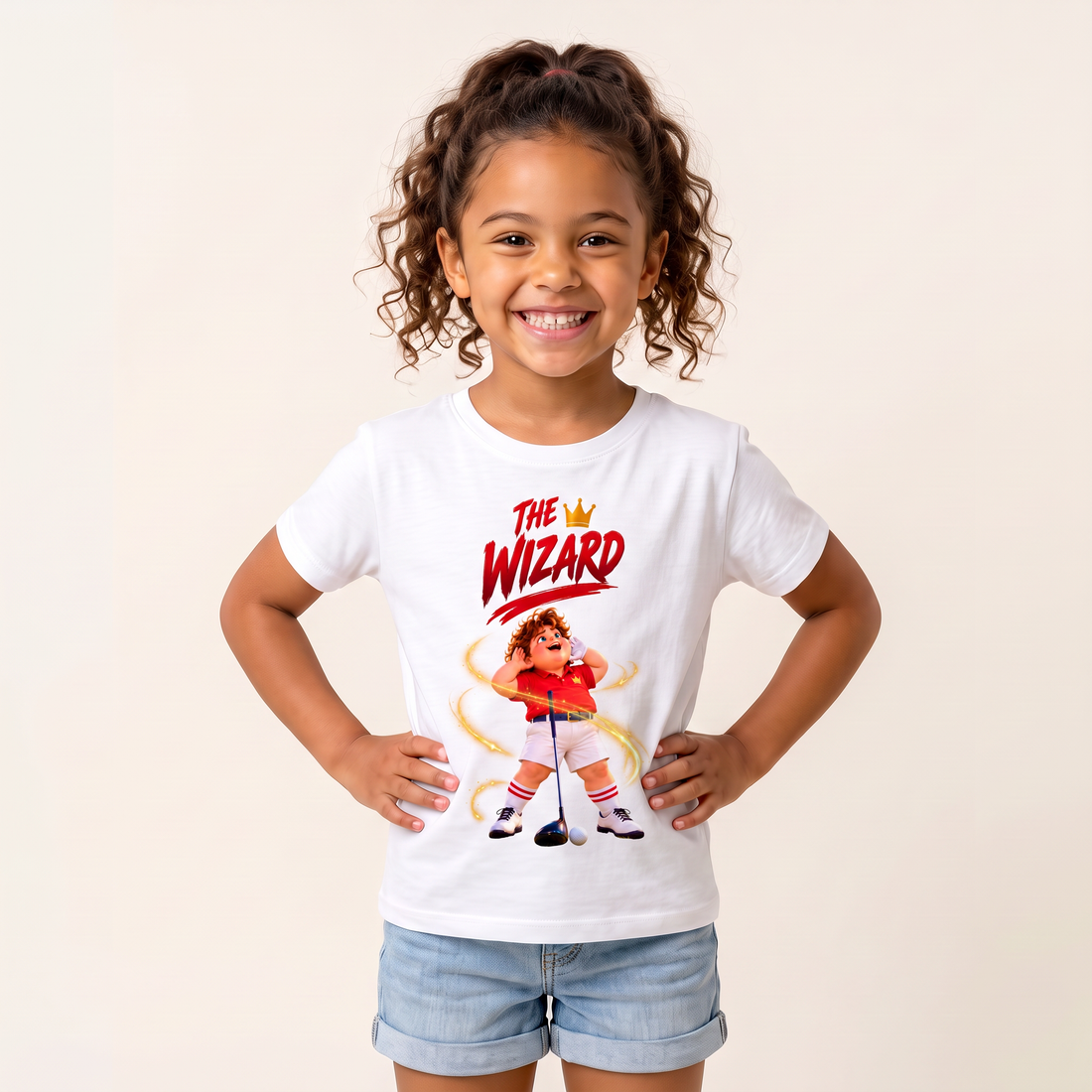 Girl wearing the Super Golfers The Wizard kids T-shirt