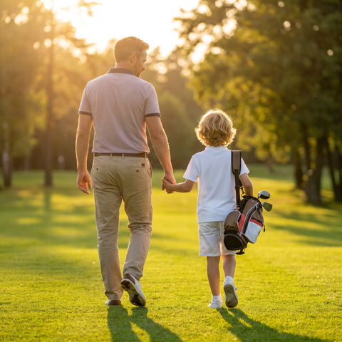 Family walk on the golf course in the Super Golfers T-shirt