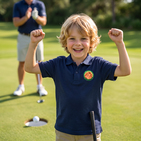 Niño celebrando un birdie con el polo El Innombrable
