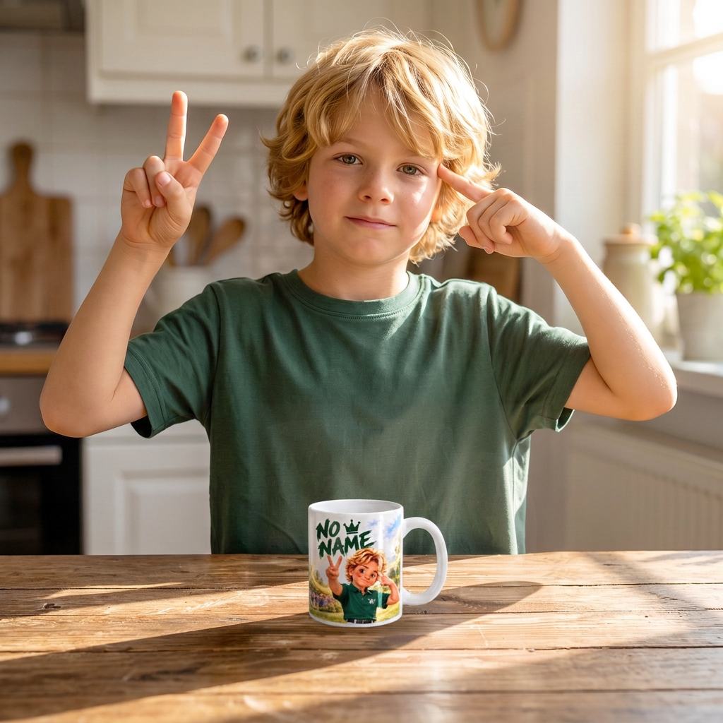 Kid copying No Name's celebration next to the mug