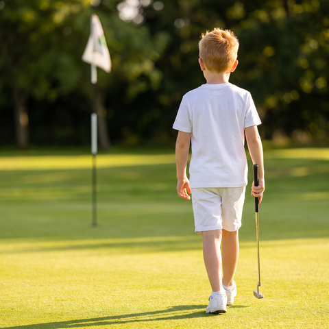 Kid walking to the flag in the Super Golfers T-shirt