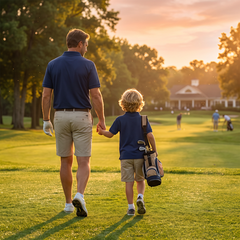 Family walk on the golf course in the Super Golfers polo