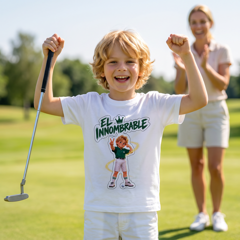 Niño celebrando un birdie con la camiseta El Innombrable