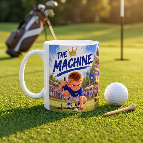 The Machine mug on the putting green