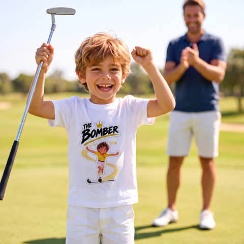 Kid celebrating a birdie in The Bomber T-shirt