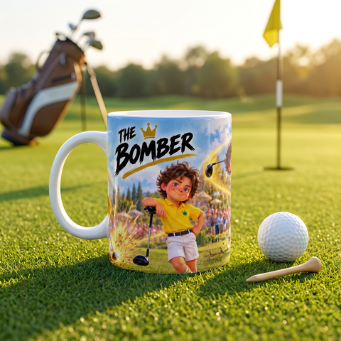 The Bomber mug on the putting green