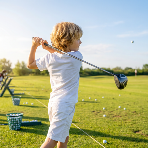 Niño haciendo un swing con la camiseta de Supergolfistas