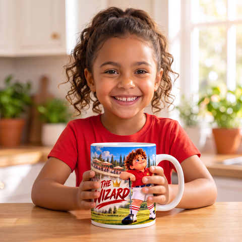 Girl holding The Wizard mug