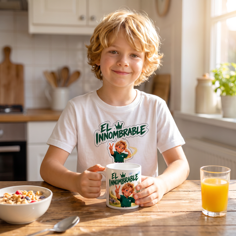 Niño desayunando con la camiseta y la taza El Innombrable