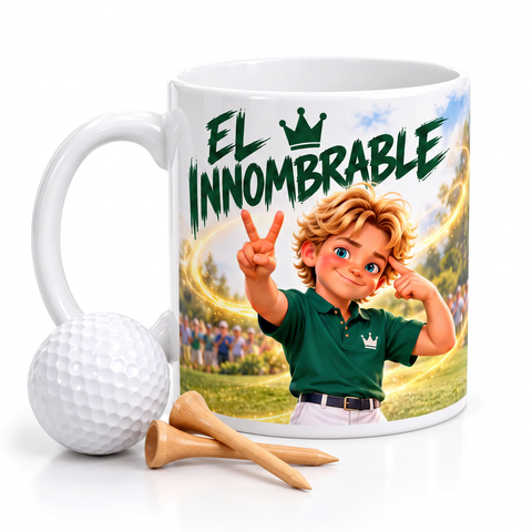 Taza El Innombrable con bola de golf y tees
