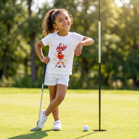 Niña en el campo de golf con la camiseta El Mago