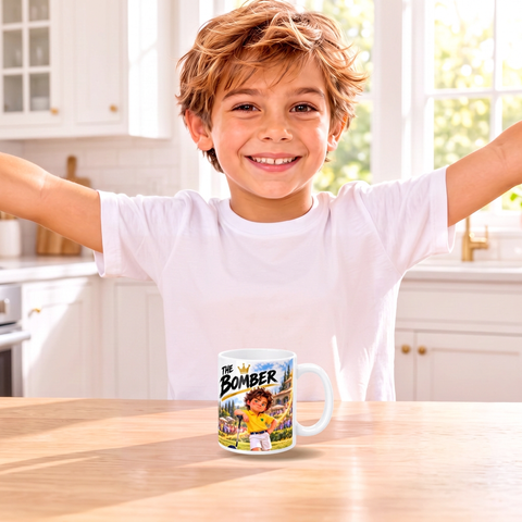 Kid copying The Bomber's celebration next to the mug