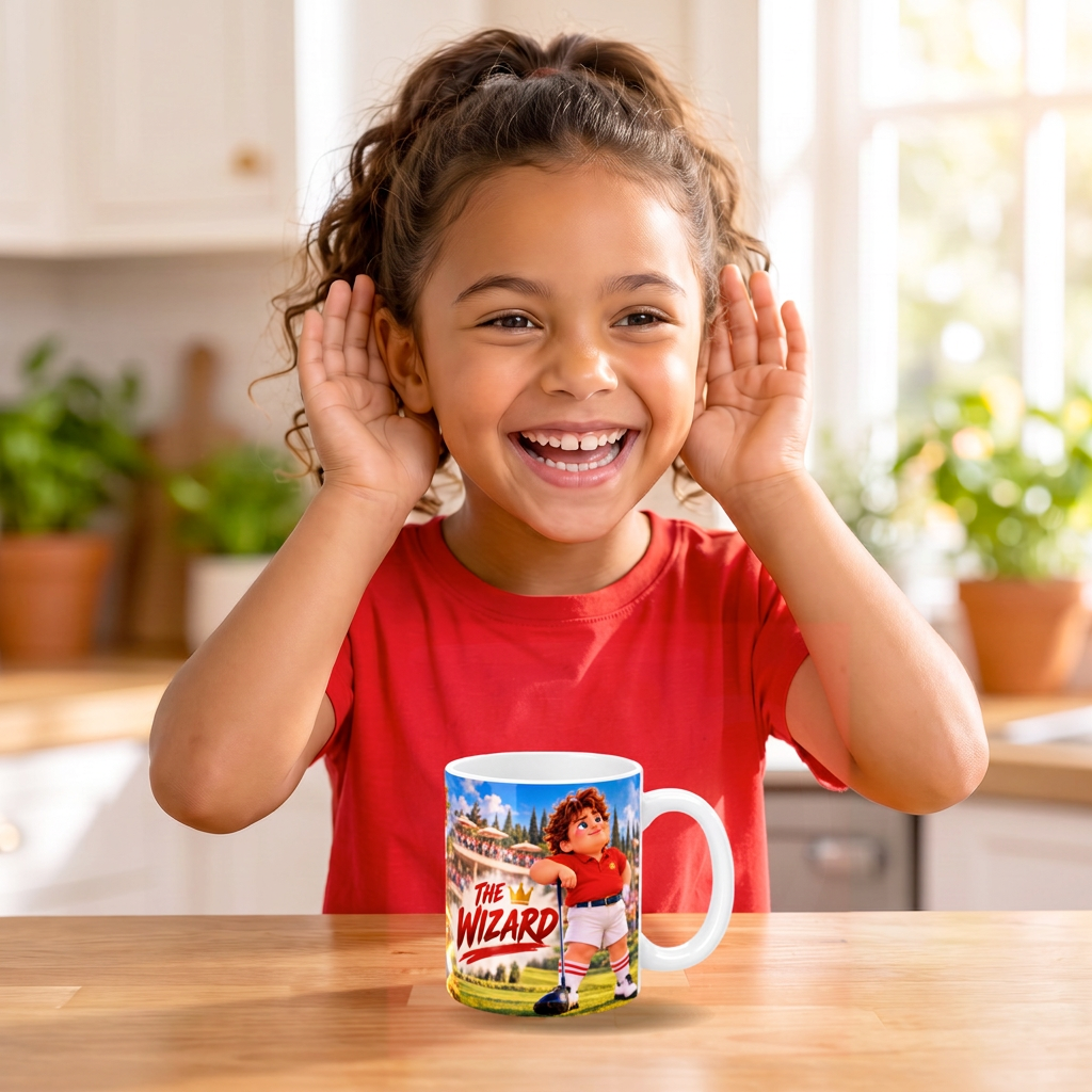 Girl copying The Wizard's celebration next to the mug