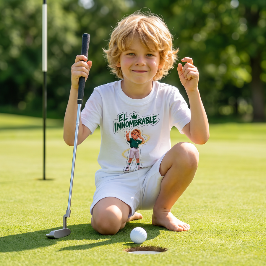 Niño en el campo de golf con la camiseta El Innombrable