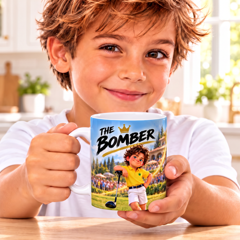 Kid holding The Bomber mug