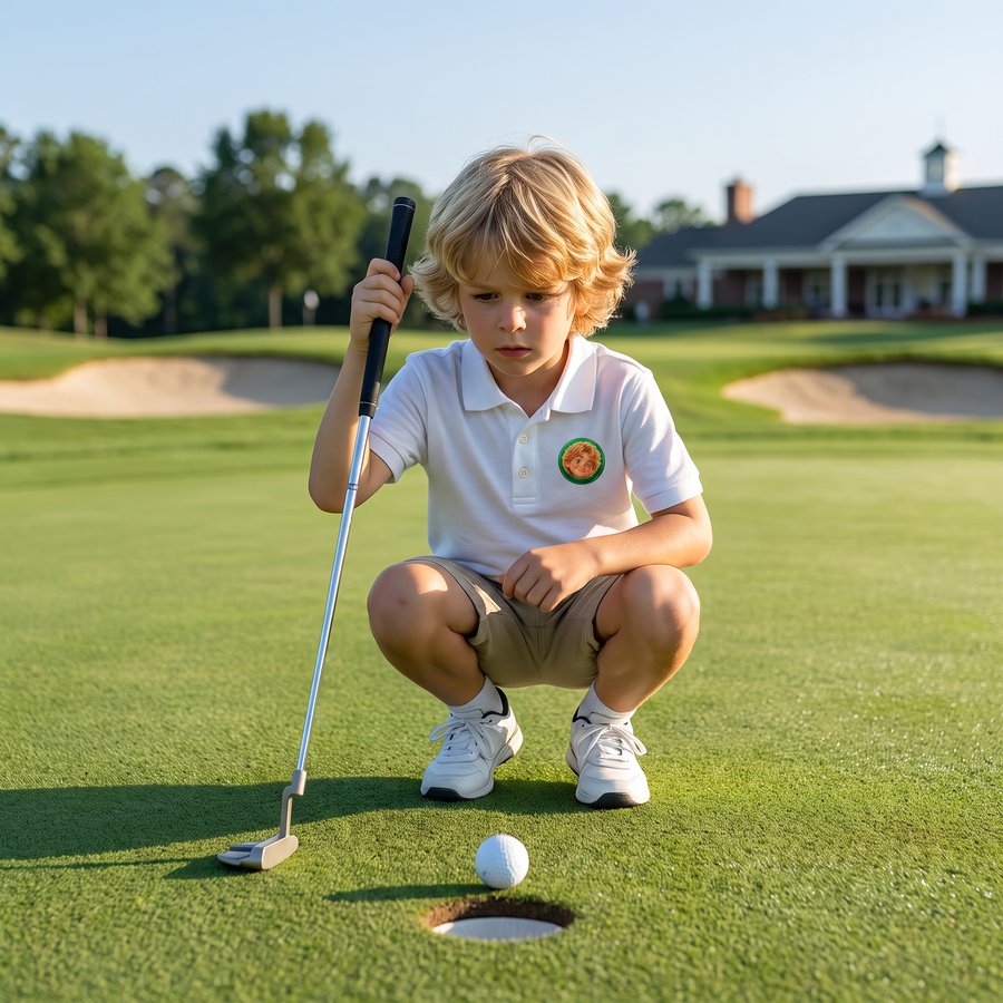 Kid on the golf course in the No Name polo