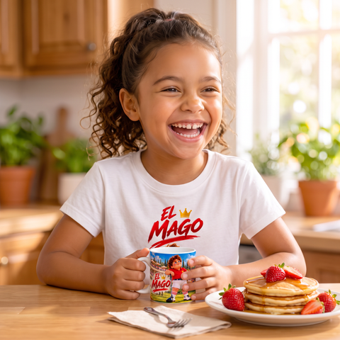 Niña desayunando con la camiseta y la taza El Mago