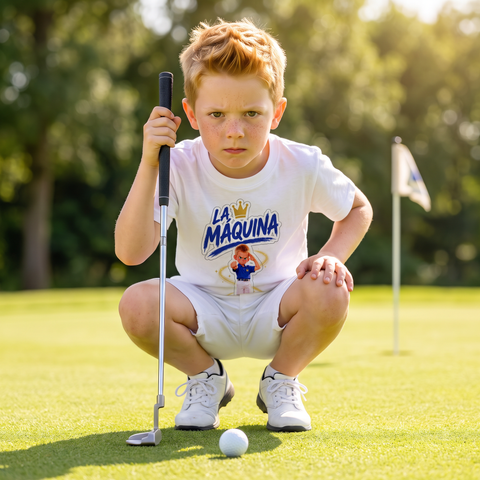 Niño en el campo de golf con la camiseta La Máquina