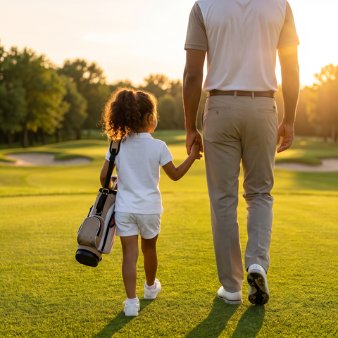 Paseo en familia por el campo de golf con la camiseta de Supergolfistas