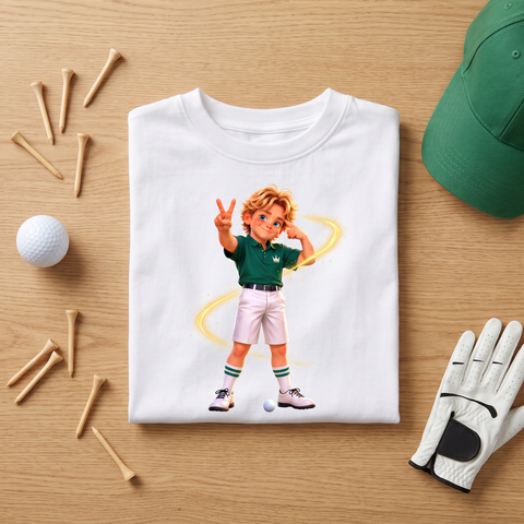 No Name T-shirt folded with golf ball, tees and glove