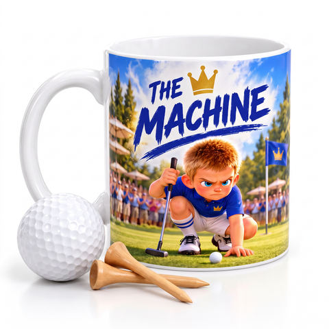 The Machine mug with golf ball and tees