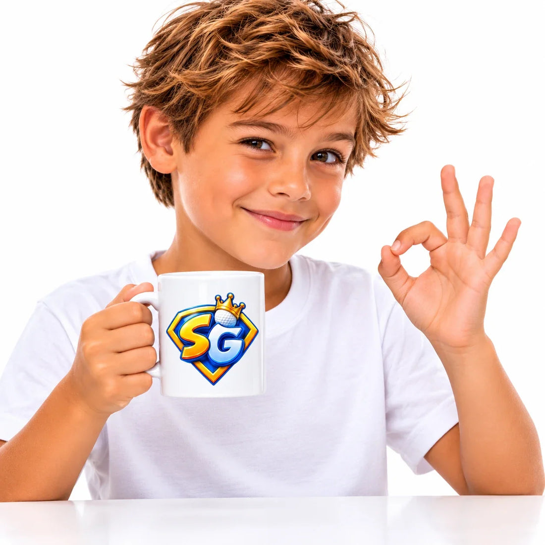 Kid making an OK sign with the SG mug